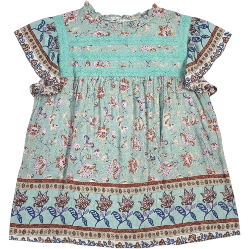 Almost‎ Pink Turquoise Floral Boho Blouse Lace Flutter Sleeve Women's Medium